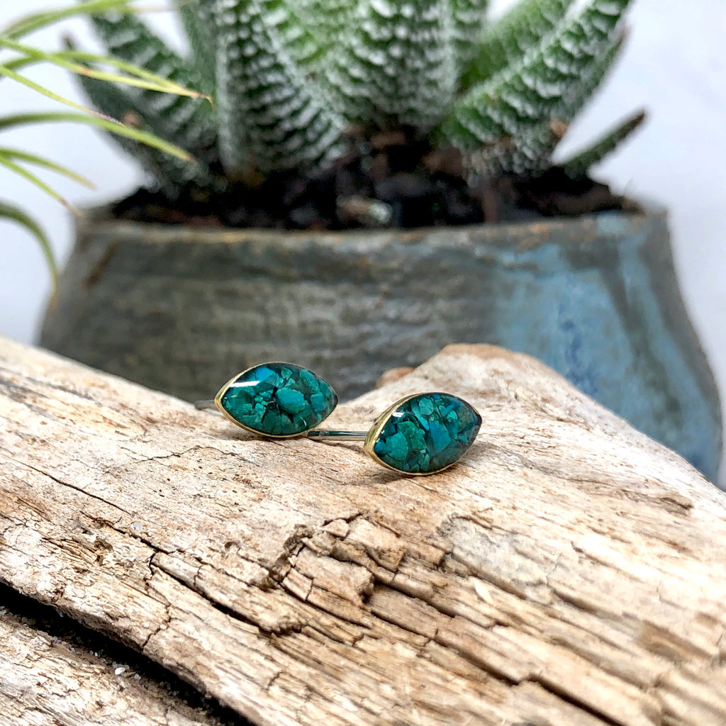 June & Simple Marquise Chrysocolla Post Earrings - crushed teal gemstone in gold filled marquise setting