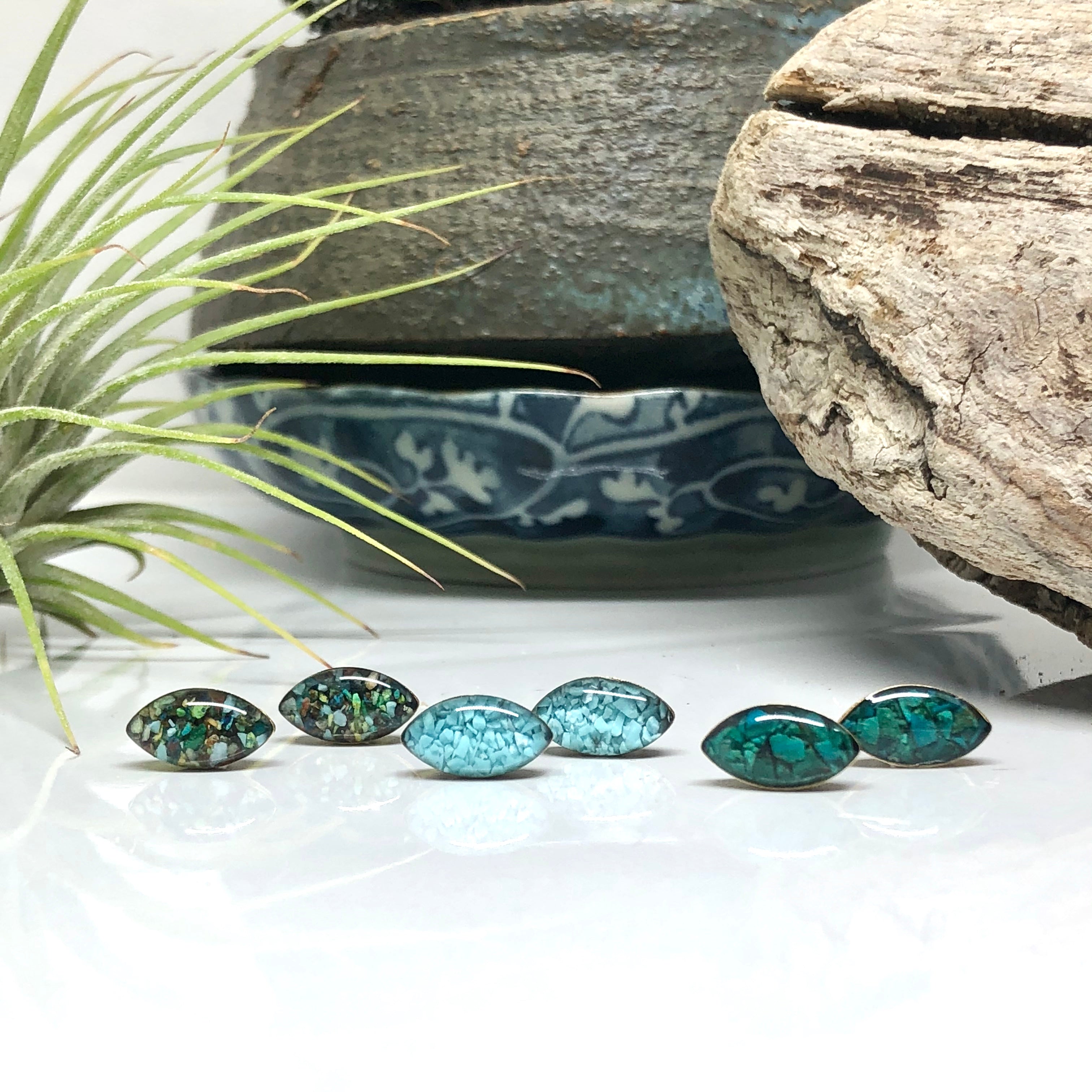 June & Simple Marquise Chrysocolla Studs - styled on a model