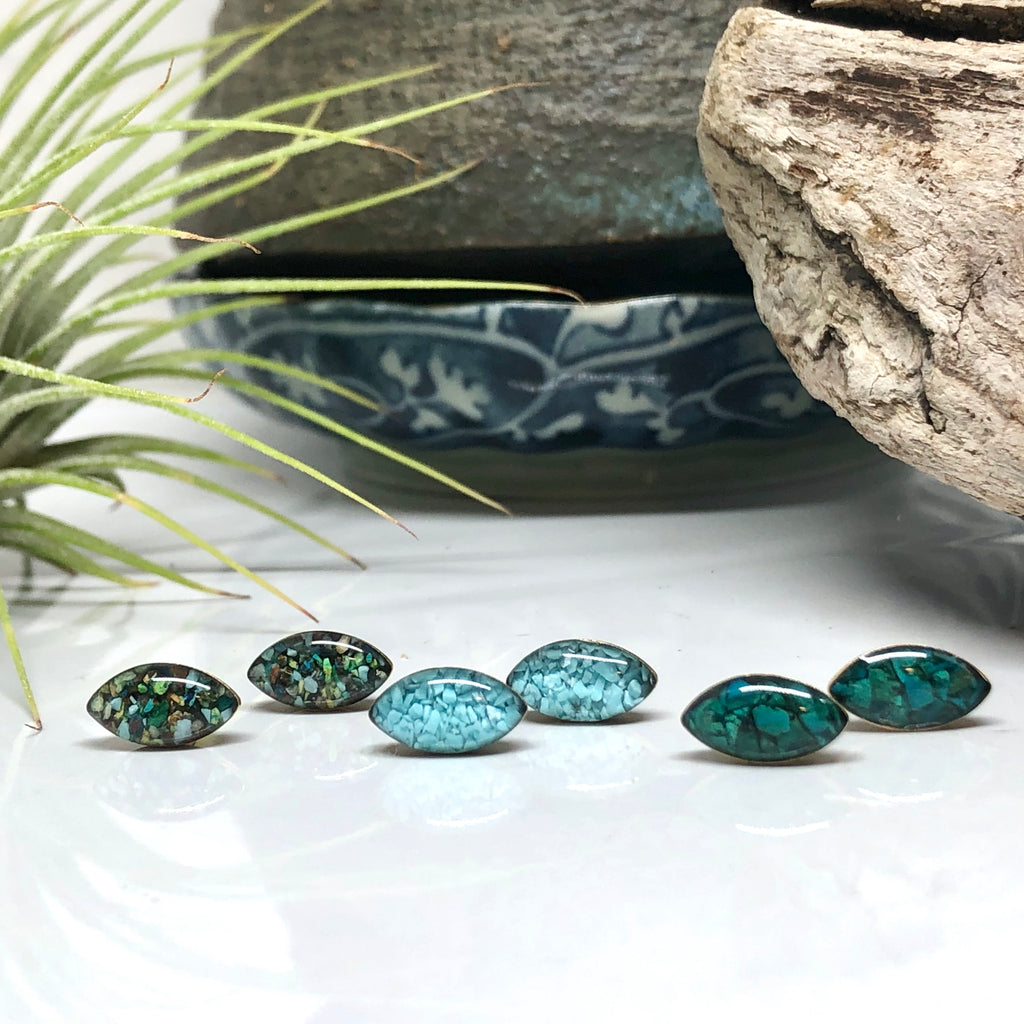 June & Simple Arizona Turquoise Studs - natural stone flat lay detail