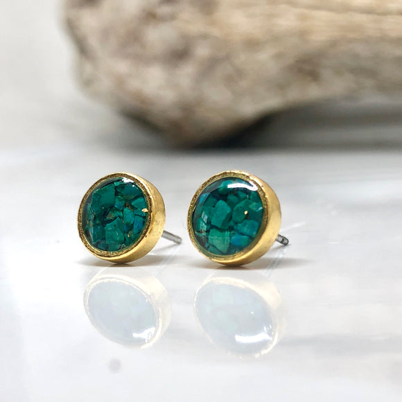 Crushed stones Post Earrings-Circle Chrysocolla  Studs