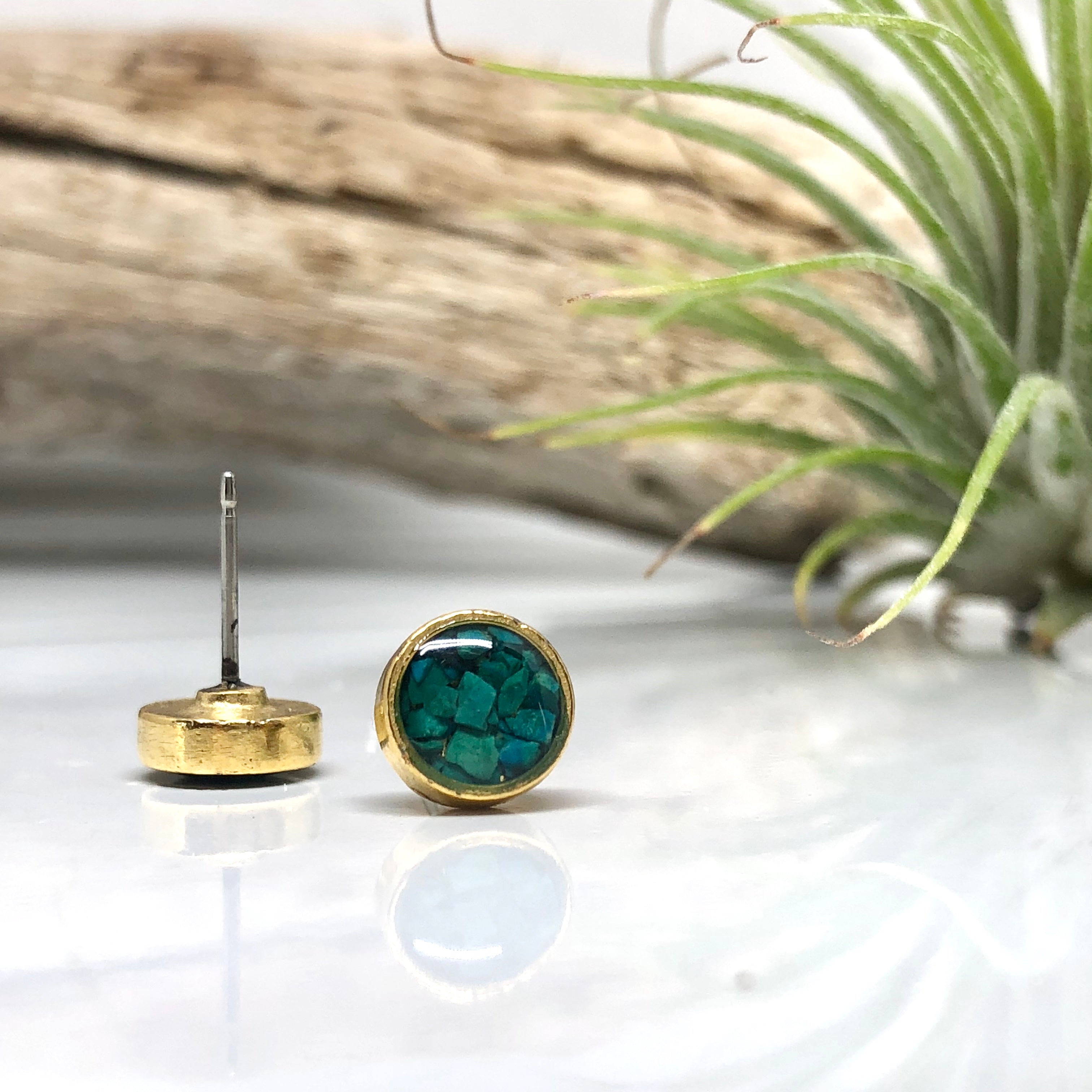 June & Simple Chrysocolla Circle Studs - close up of stone detail