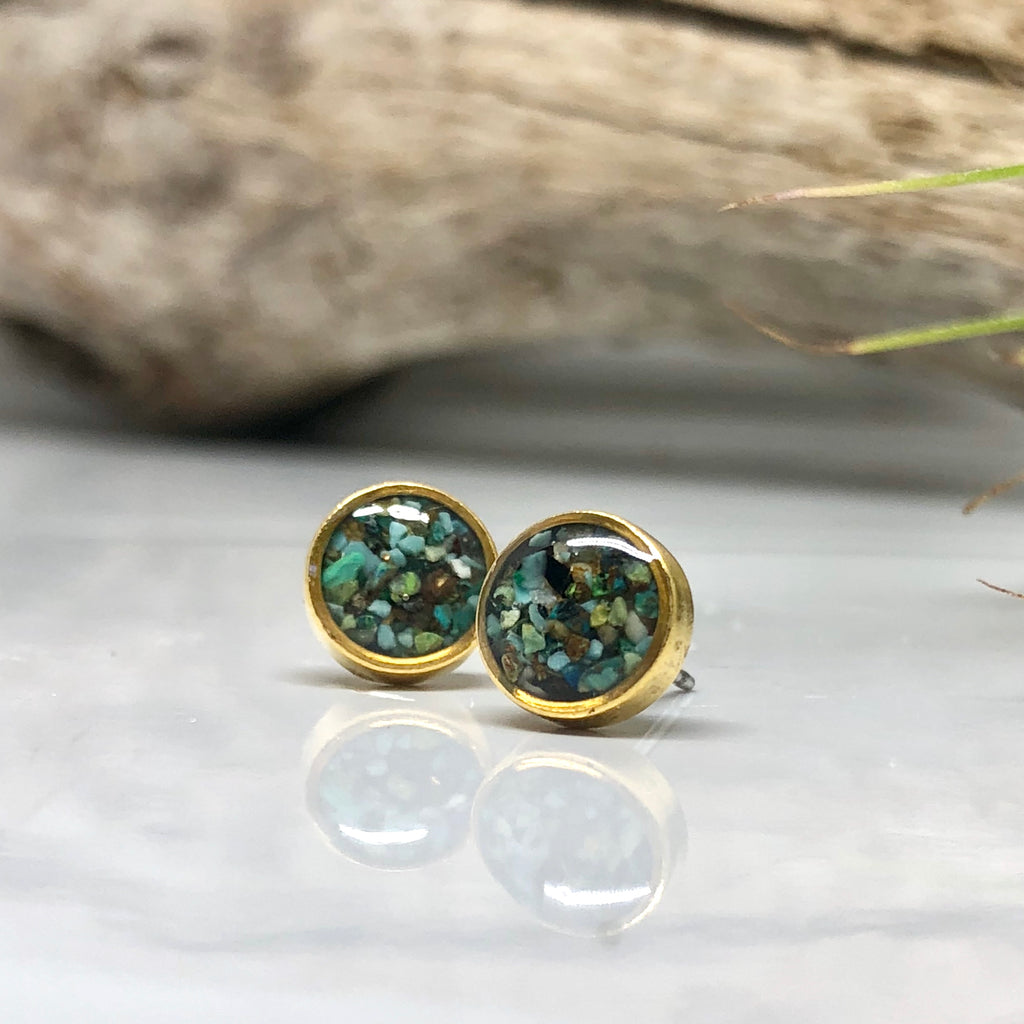 June & Simple Circle Arizona Turquoise Studs - close up on ear