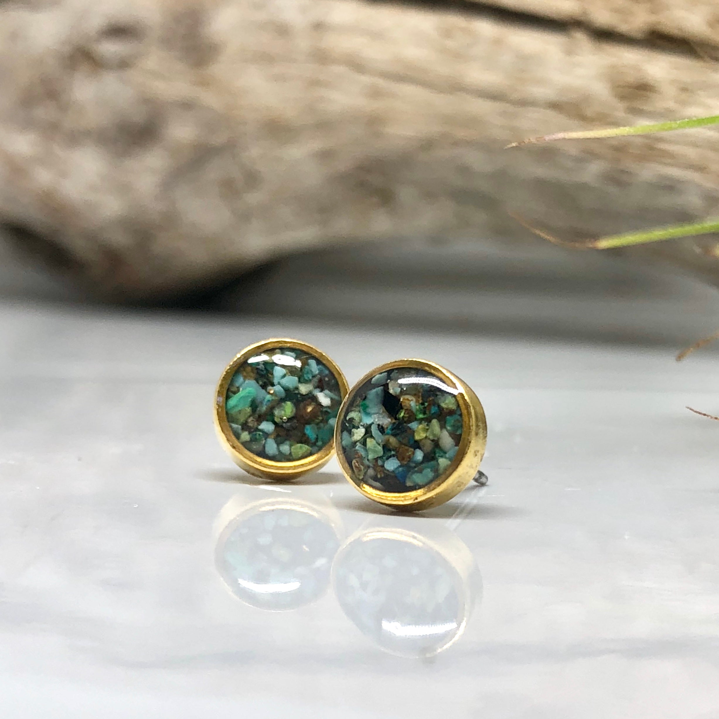 June & Simple Circle Arizona Turquoise Studs - close up on ear