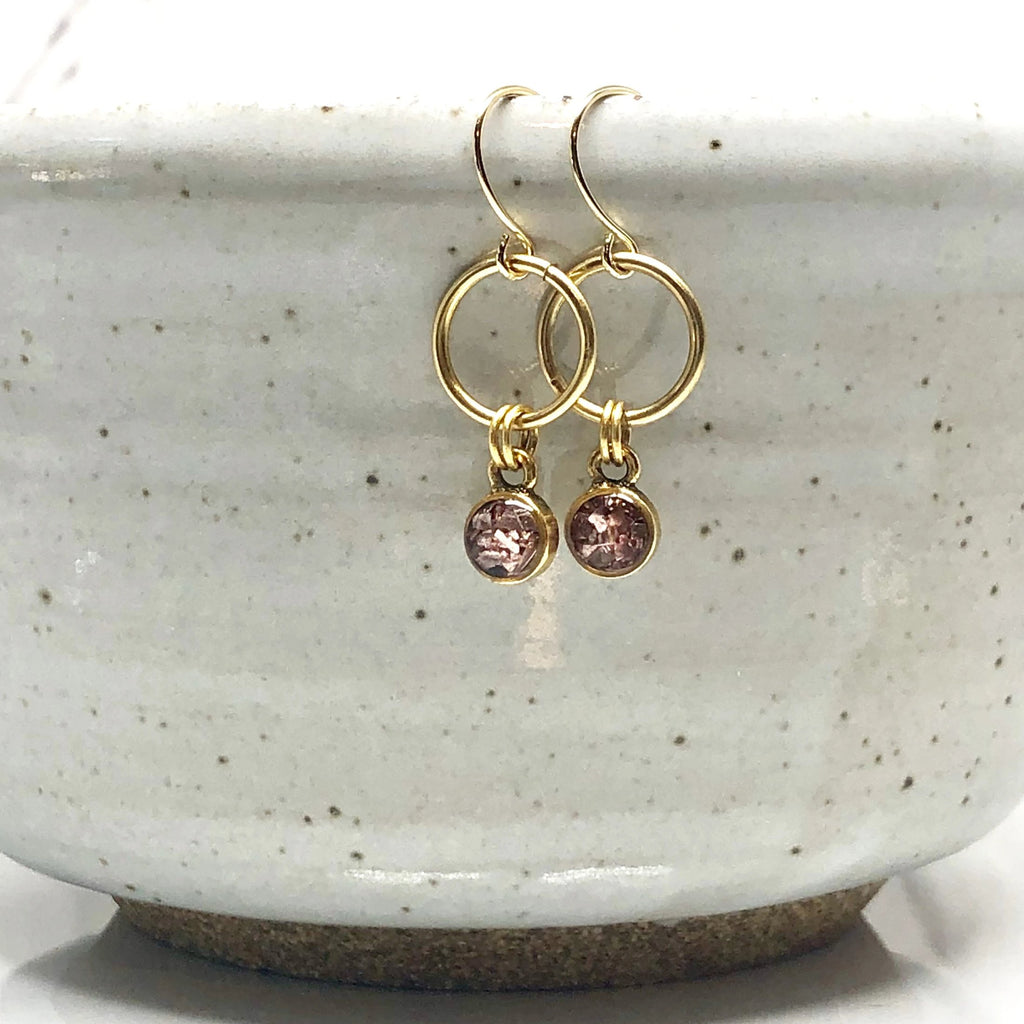 June & Simple Mini Circle Pink Earrings - small pink resin circle studs on gold filled posts