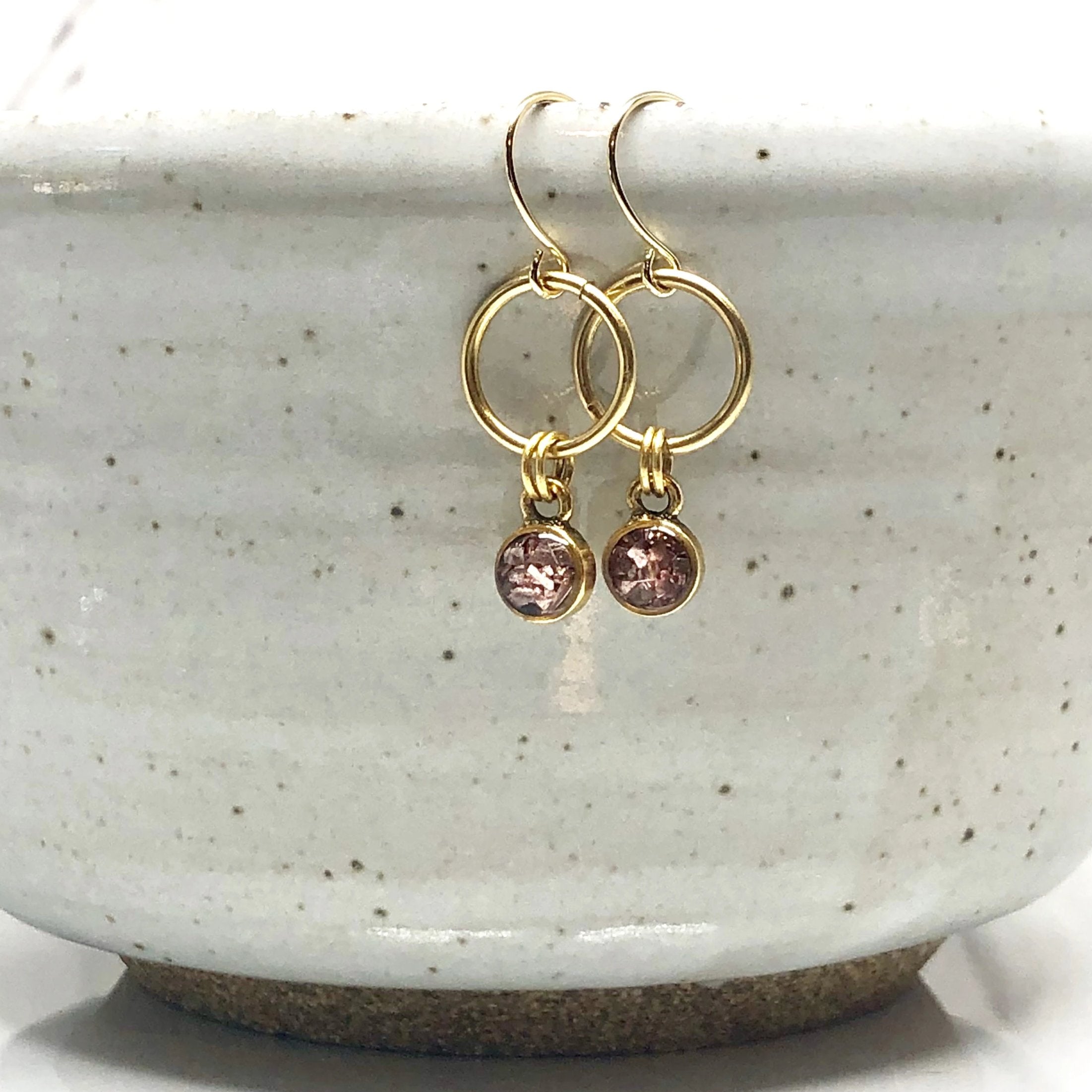 June & Simple Mini Circle Pink Earrings - small pink resin circle studs on gold filled posts