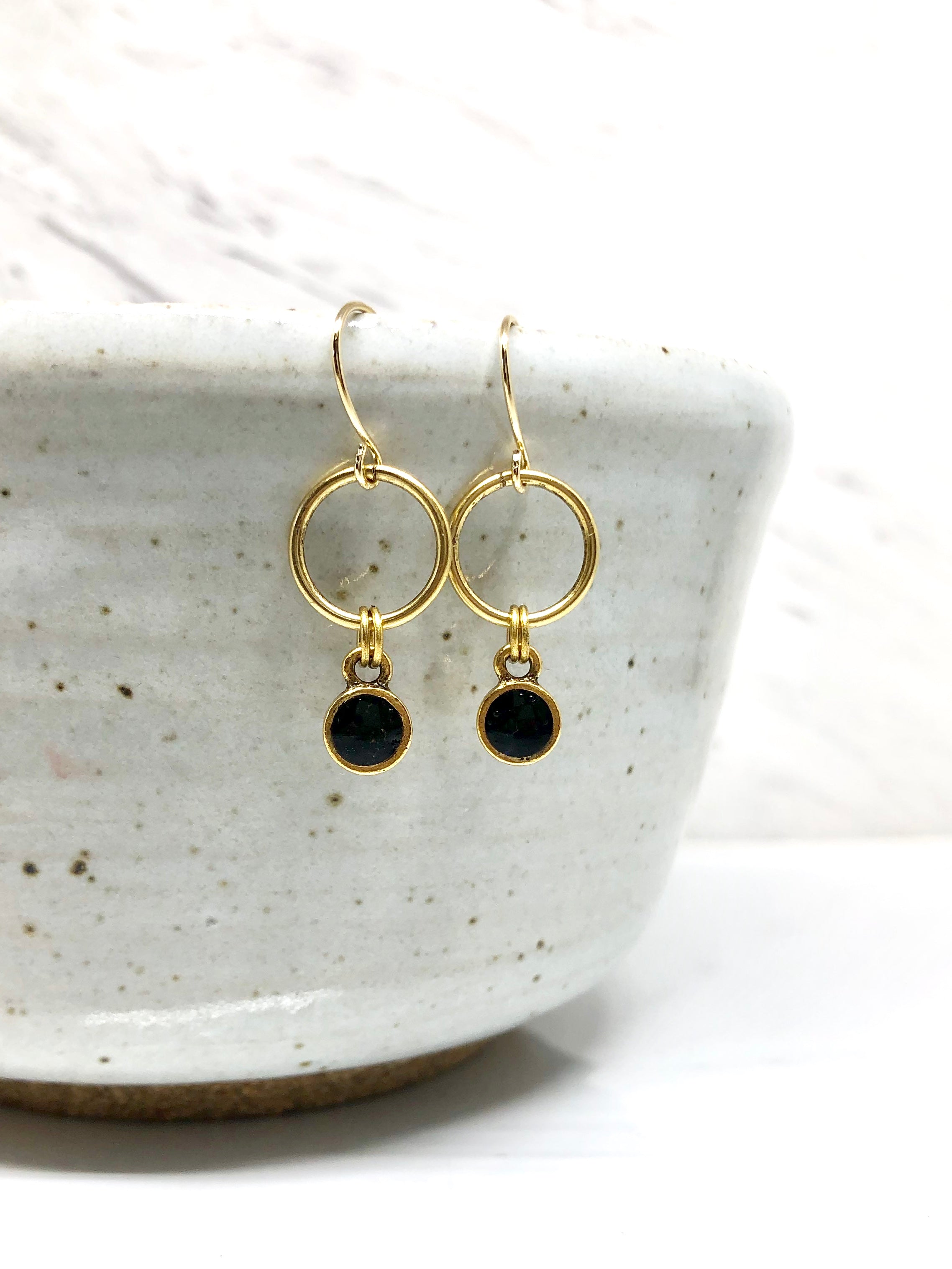 June & Simple Mini Circle Black Earrings - small black resin circle studs on gold filled posts