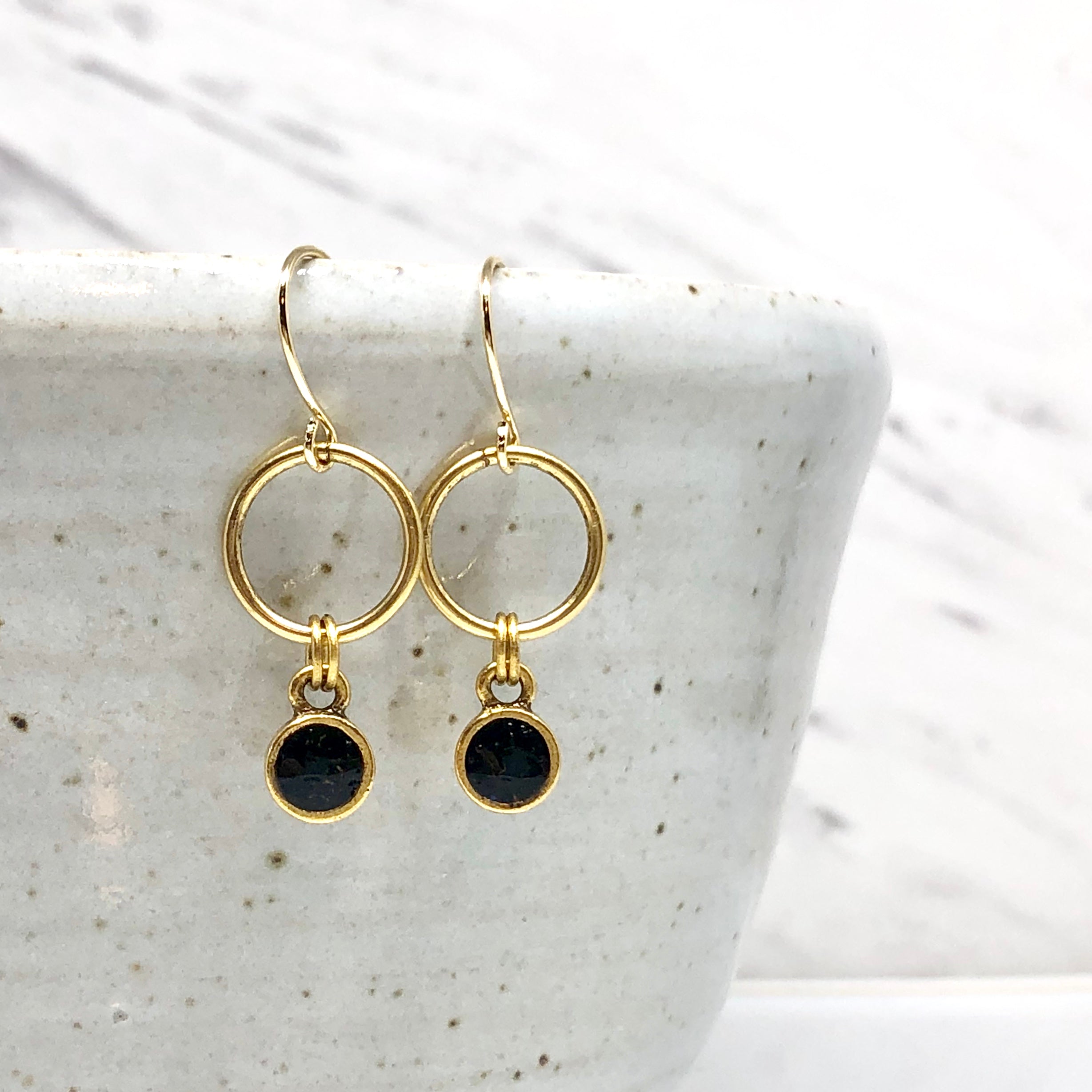 June & Simple Mini Circle Black Earrings - close up detail
