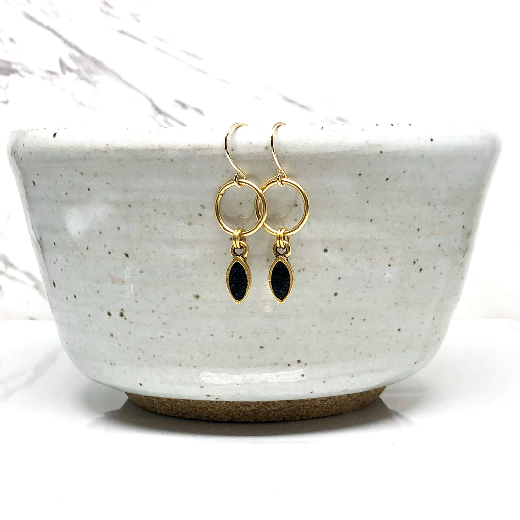 June & Simple Mini Navette Black Earrings - sleek black stone in gold filled navette setting