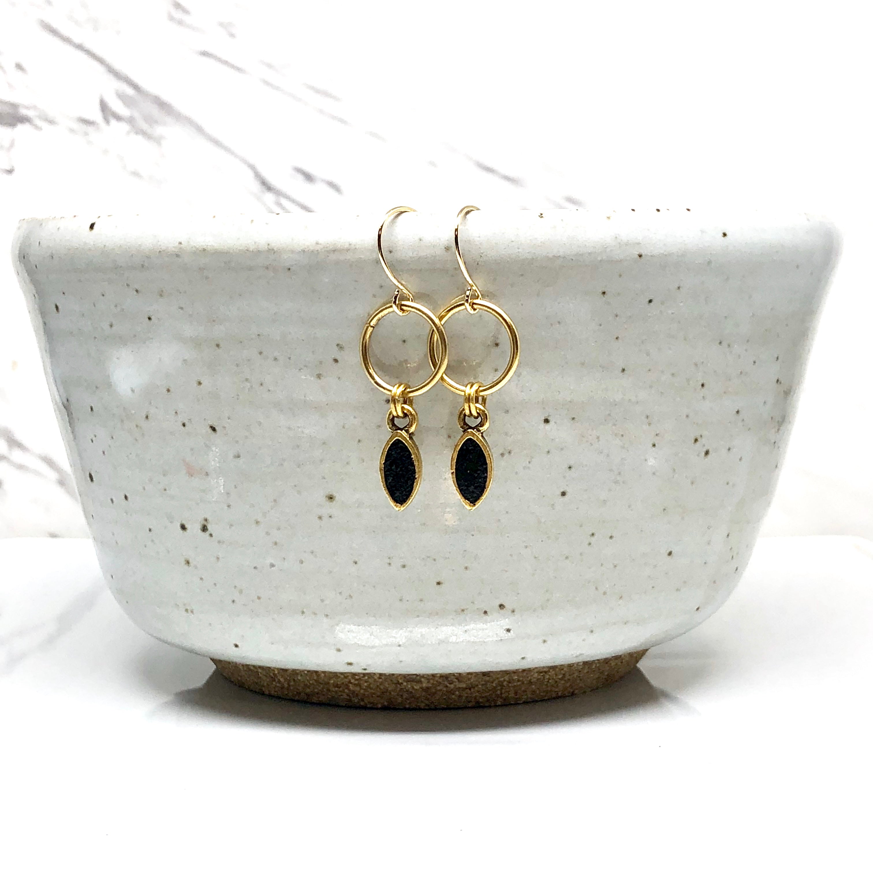 June & Simple Mini Navette Black Earrings - sleek black stone in gold filled navette setting