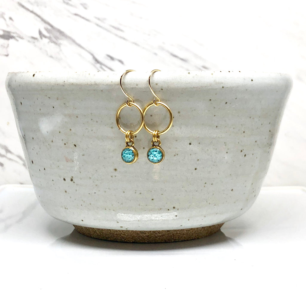 June & Simple Mini Circle Turquoise Earrings - styled on a model