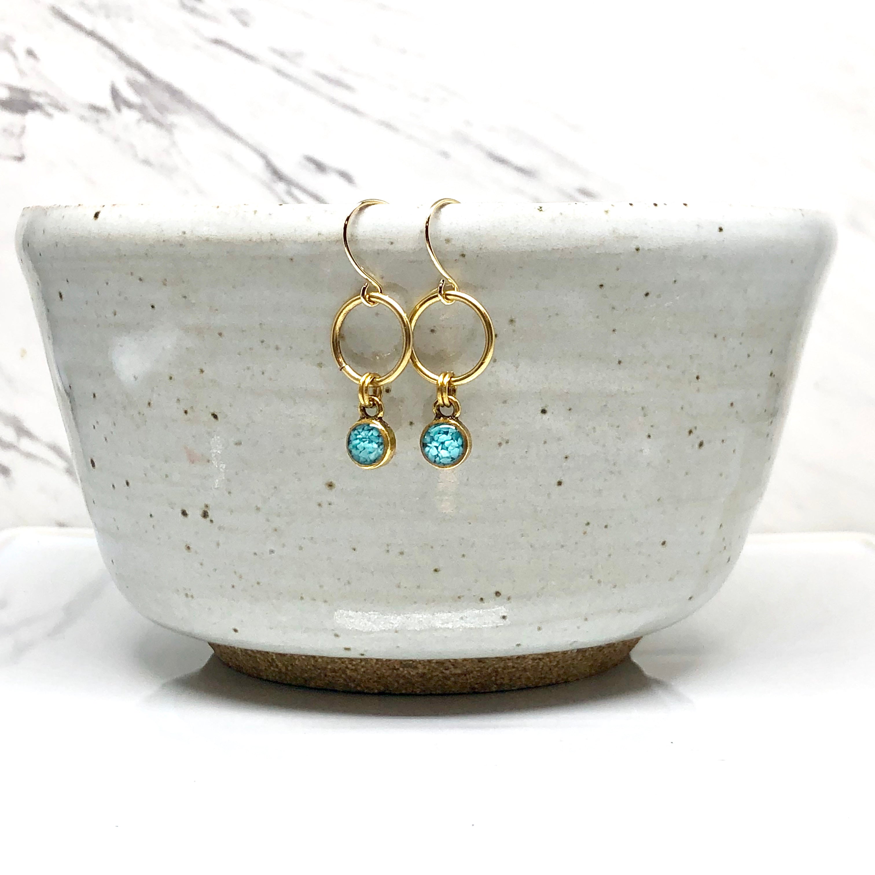 June & Simple Mini Circle Turquoise Earrings - styled on a model
