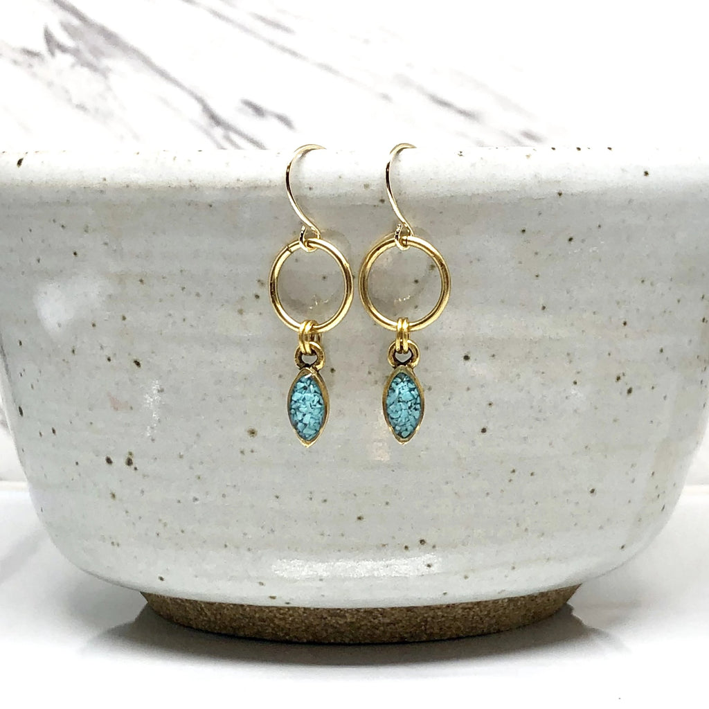 June & Simple Mini Navette Turquoise Earrings - crushed natural turquoise in gold filled navette setting