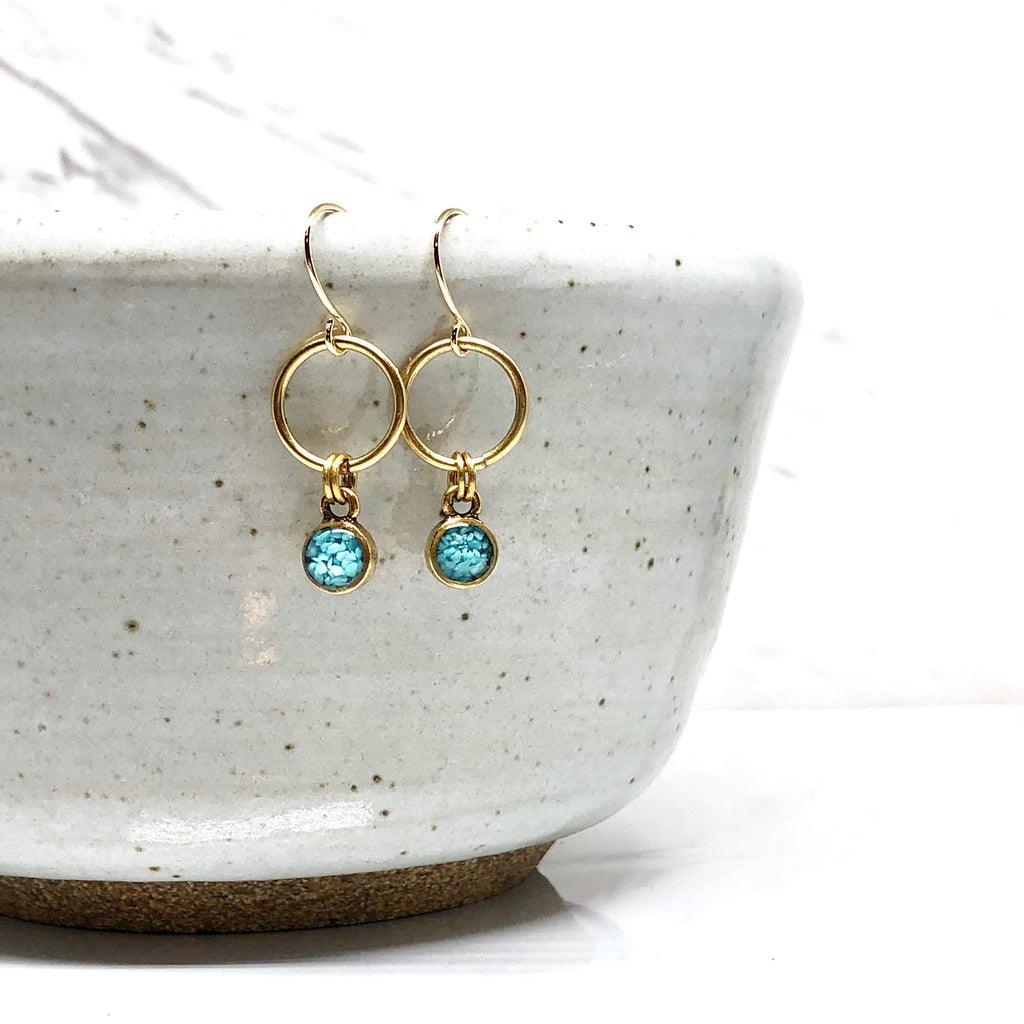 June & Simple Mini Circle Turquoise Earrings - crushed turquoise circle studs on gold filled posts