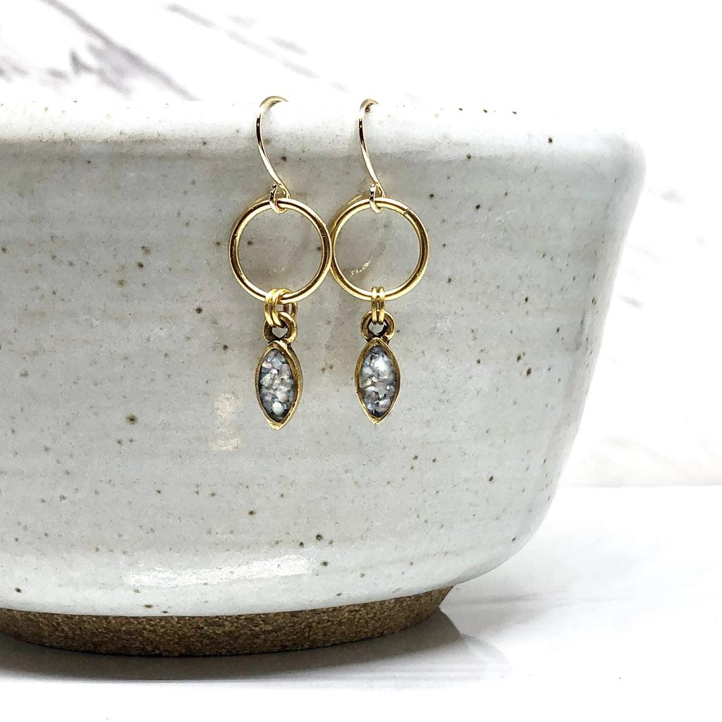 June & Simple Mini Navette Mother of Pearl Earrings - iridescent shell in gold filled navette setting