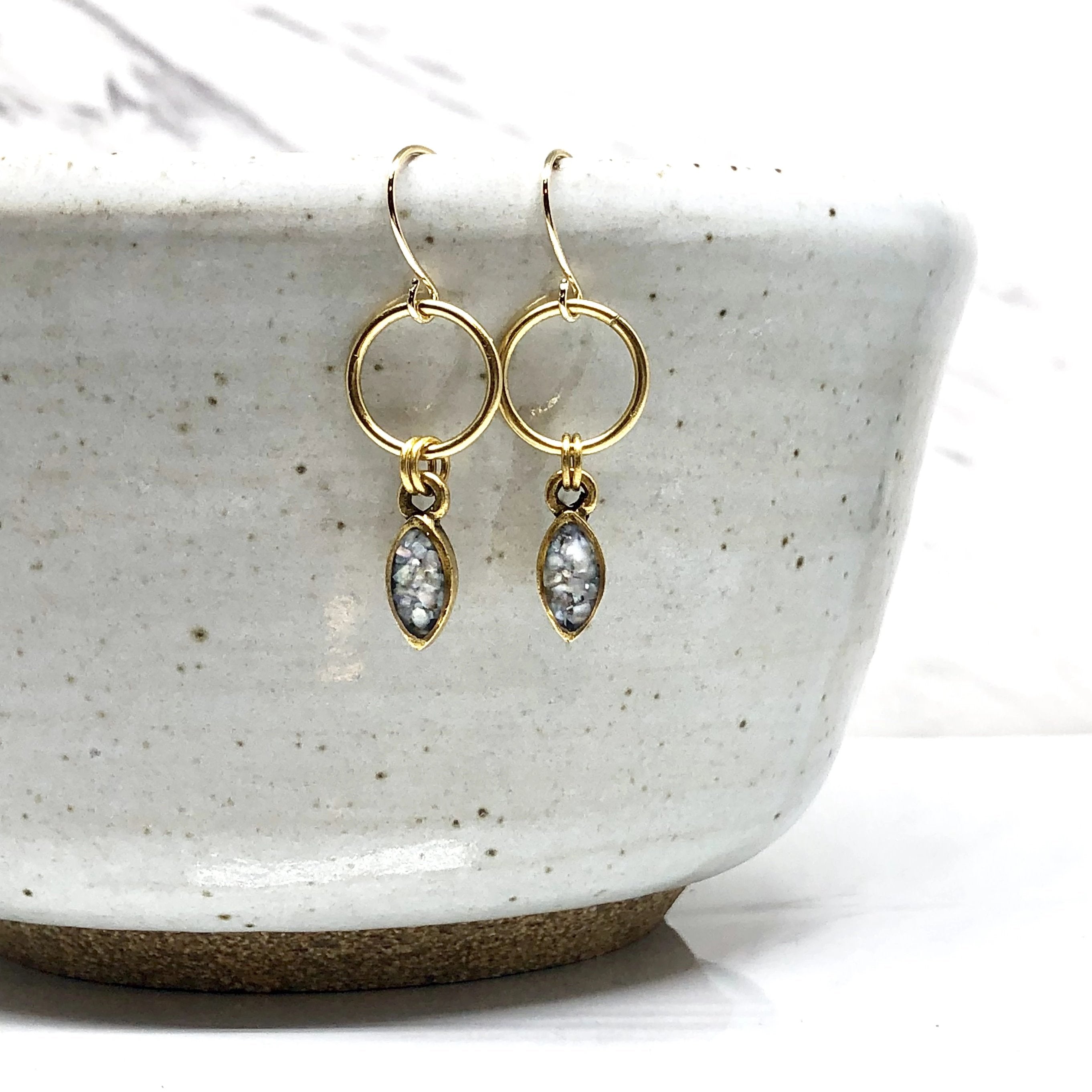 June & Simple Mini Navette Mother of Pearl Earrings - iridescent shell in gold filled navette setting