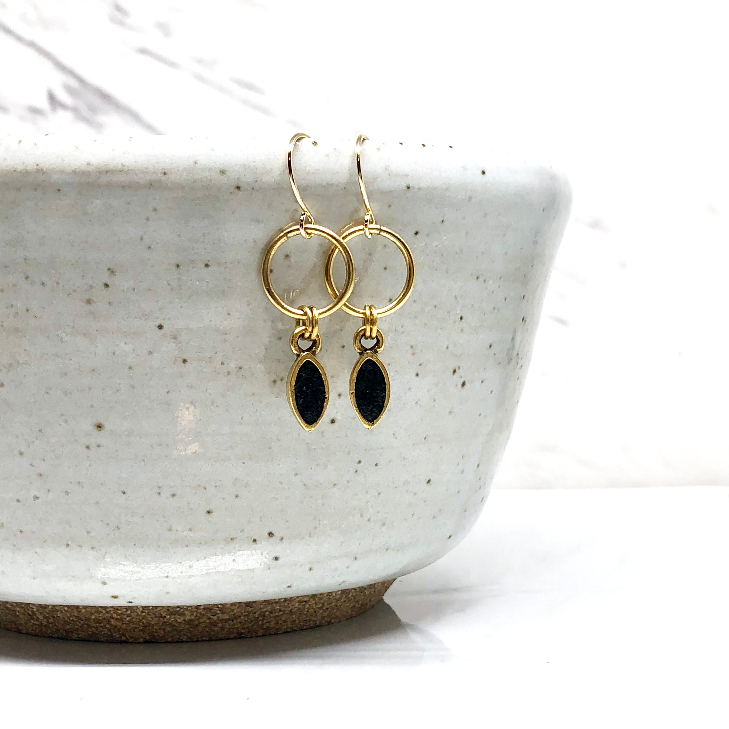 June & Simple Mini Navette Black Earrings - styled on a model