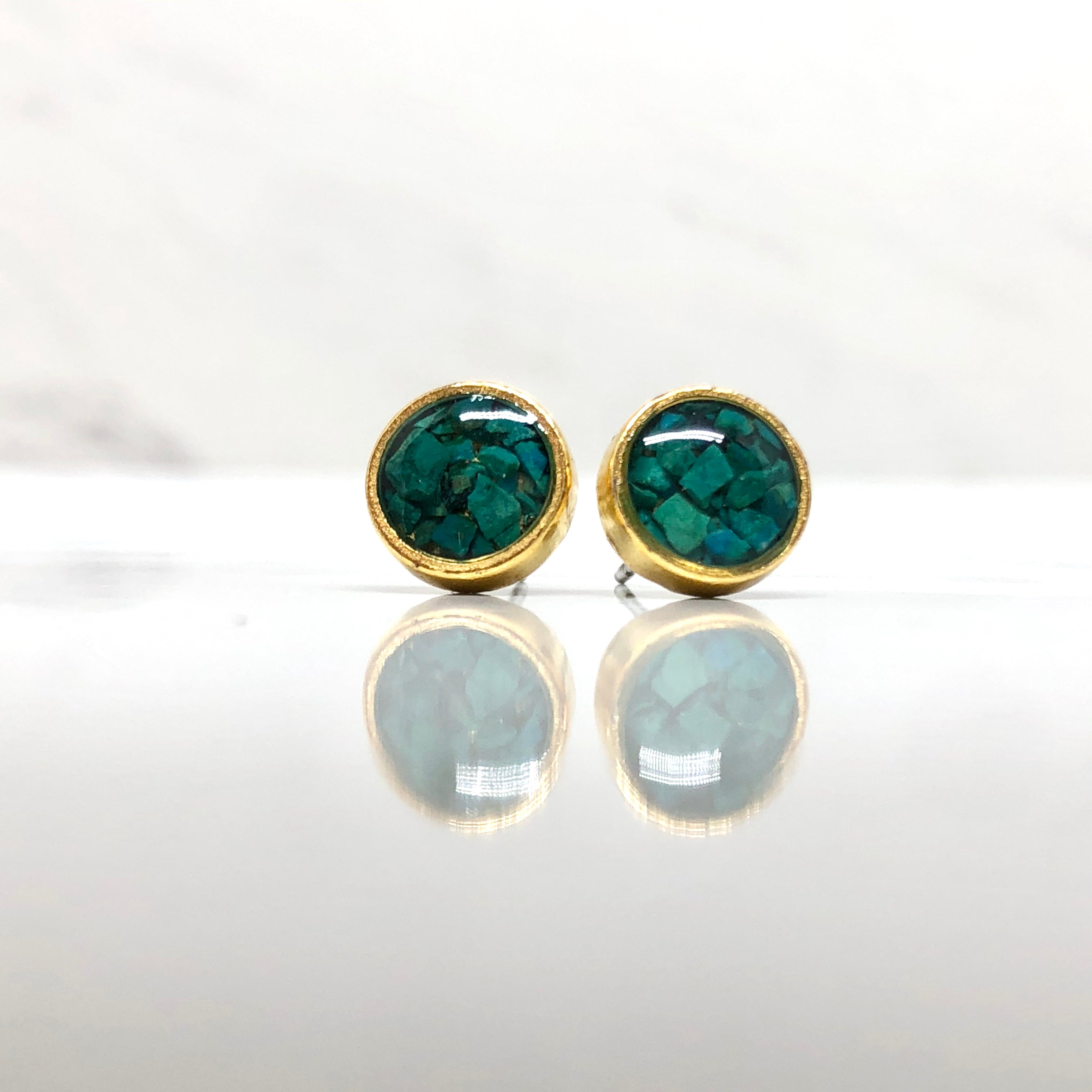 June & Simple Chrysocolla Circle Studs - close up on ear