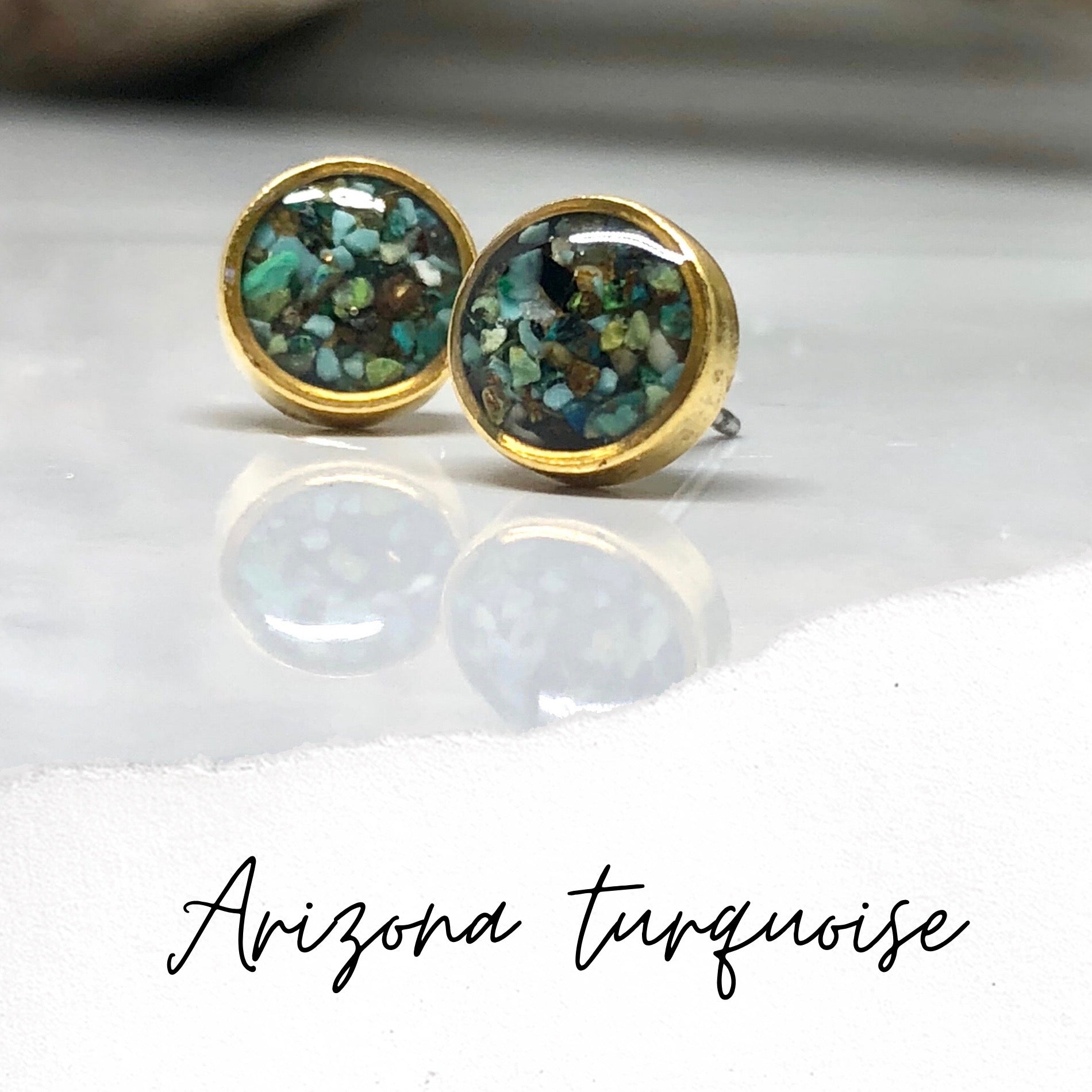 June & Simple Circle Arizona Turquoise Studs - natural turquoise stone in round gold filled setting