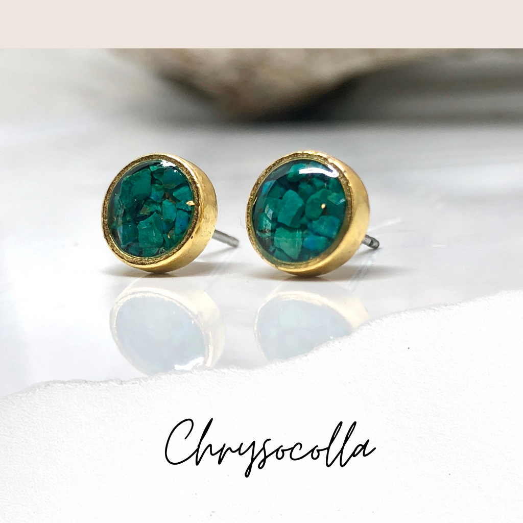 June & Simple Natural stones Chrysocolla circle stud earrings - display