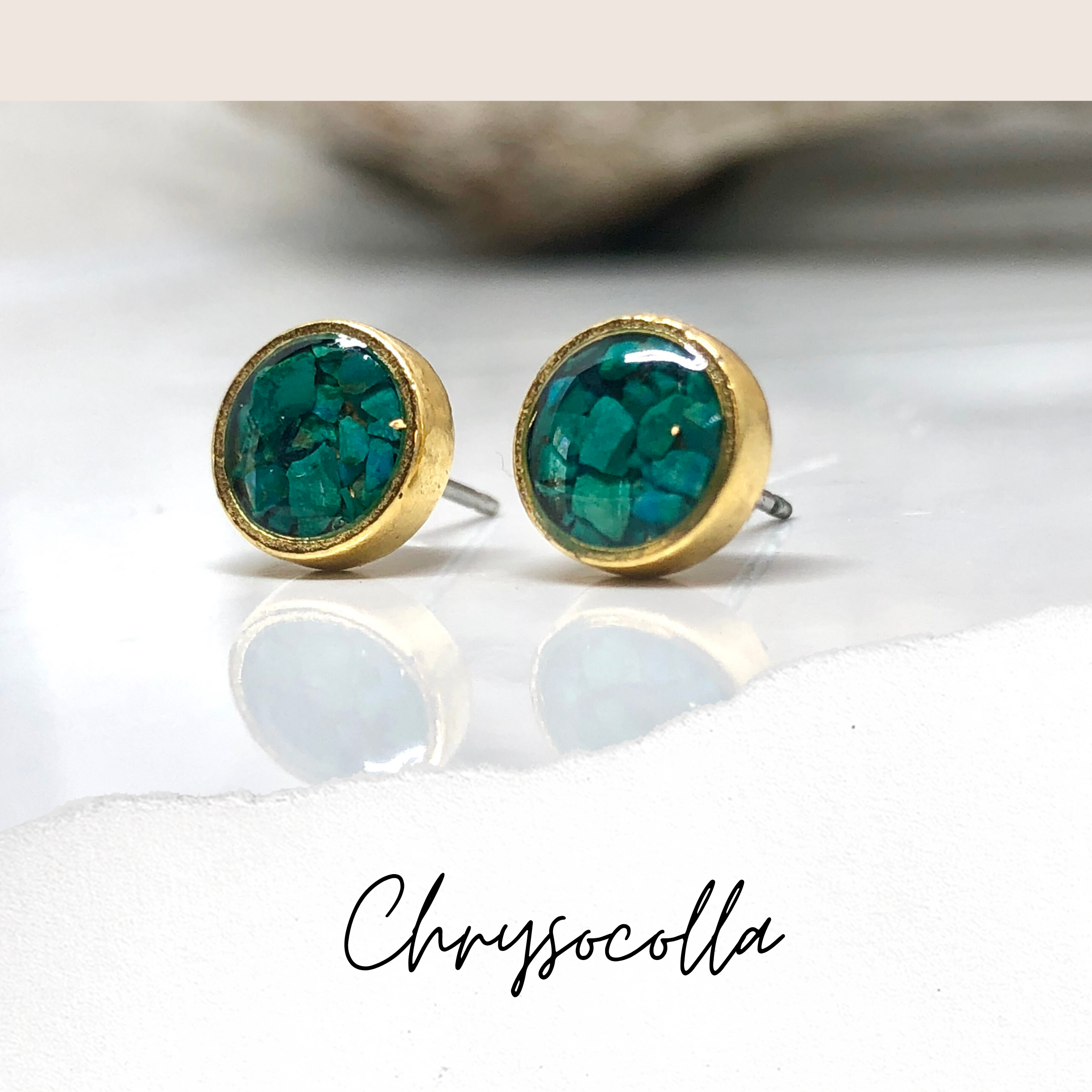 June & Simple Natural stones Chrysocolla circle stud earrings - display