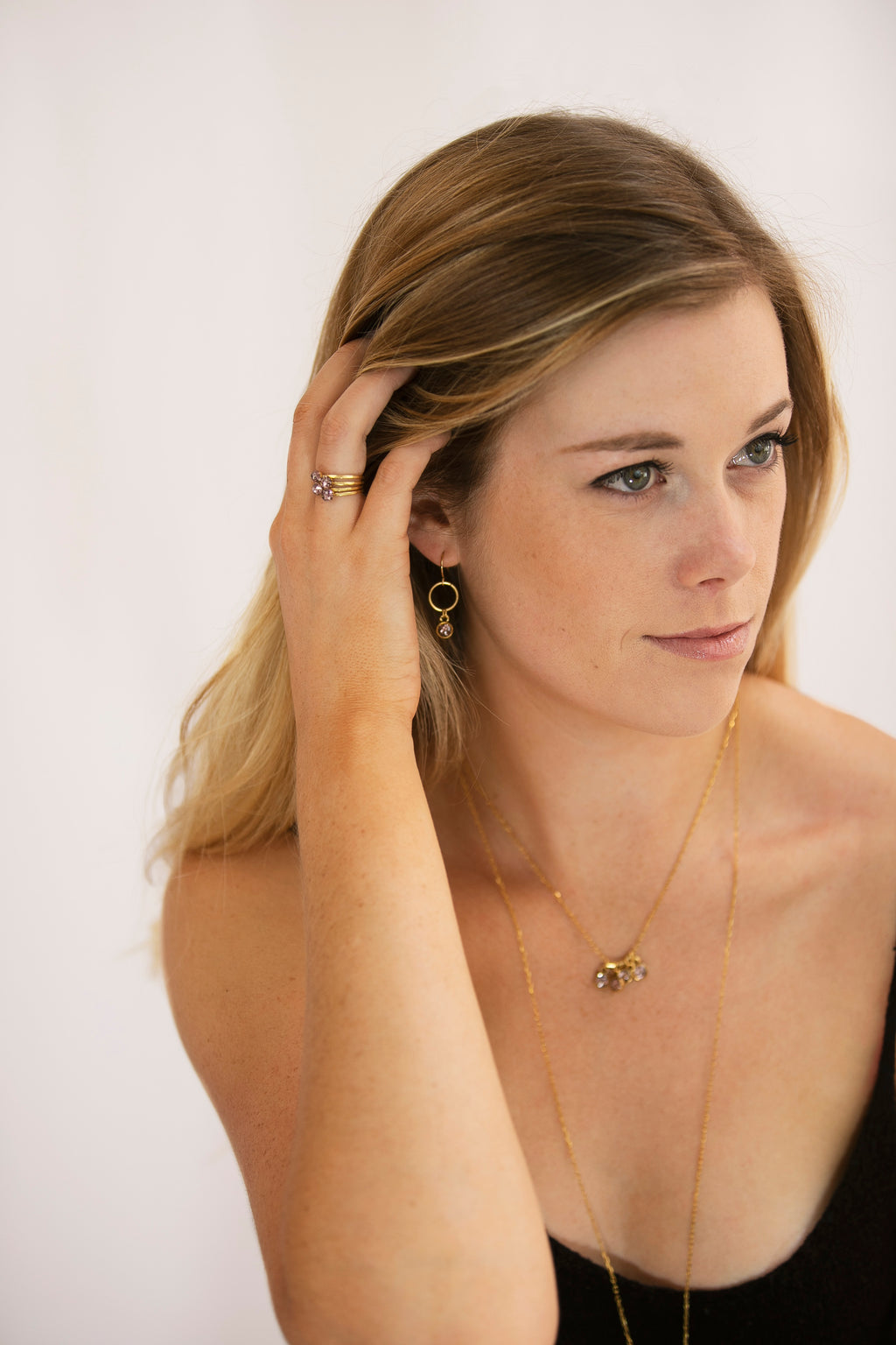 June & Simple Mini Circle Pink Earrings - styled on a model