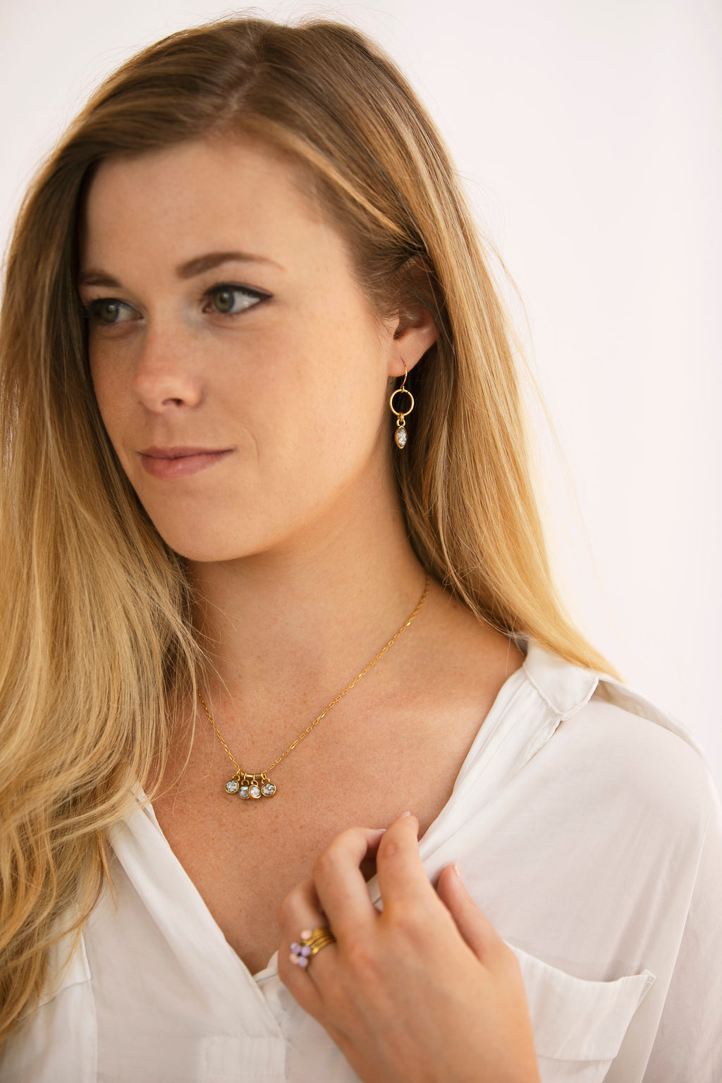 June & Simple Mini Navette Mother of Pearl Earrings - styled on a model