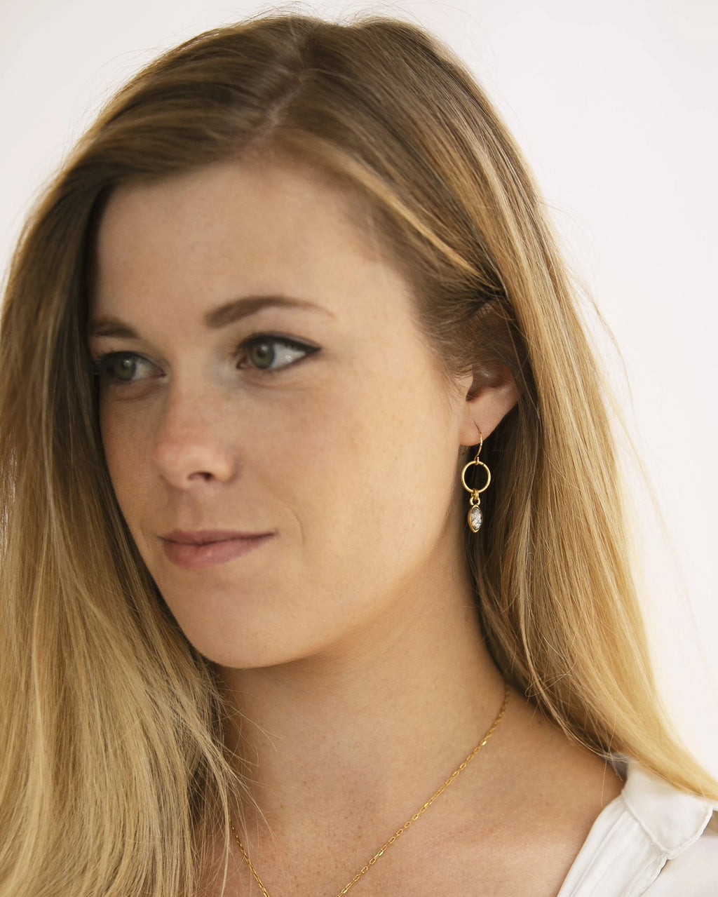 June & Simple Mini Navette Turquoise Earrings - styled on a model